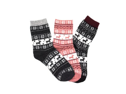 Dámské vlněné ponožky ANGORA s norským vzorem 3-pack - růžová/černá/šedá