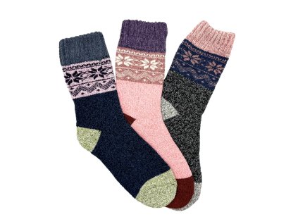 Dámske vlnené ponožky ALPACA nórský vzor 3-pack - modrá/růžová/tm.sivá