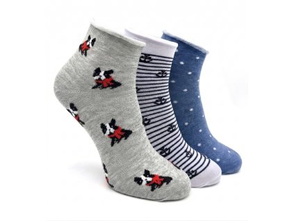Dámske členkové ponožky 3-pack bodka/pes/biely pruh