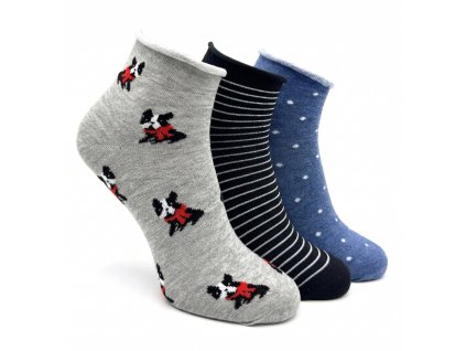 Dámské kotníkové ponožky 3-pack puntík/pes/černý pruh