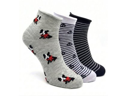 Dámské kotníkové ponožky 3-pack bílý pruh/pes/černý pruh