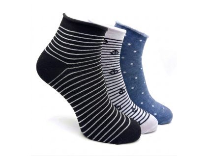 Dámské kotníkové ponožky 3-pack bílý pruh/puntík/černý pruh