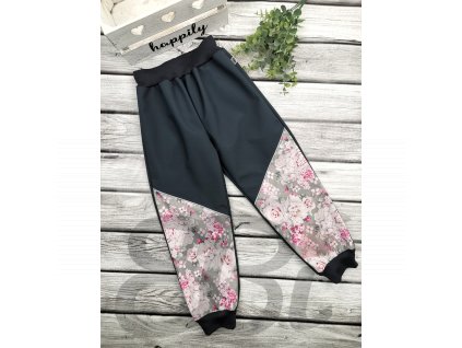 Softshellové kalhoty šedé - růžové květy