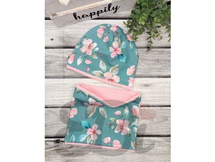 Set čepice a nákrčník -květy na petrolejové