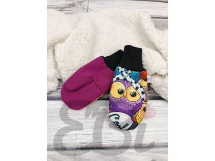 Rukavičky softshellové s BERÁNKEM - Fialové, barevné sovy