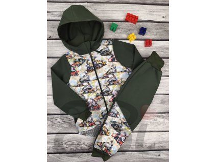 Softsellový komplet s mřížkou - khaki vláčky