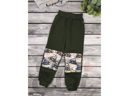 Tepláky se soft koleny - tmavě zelená, vláčky