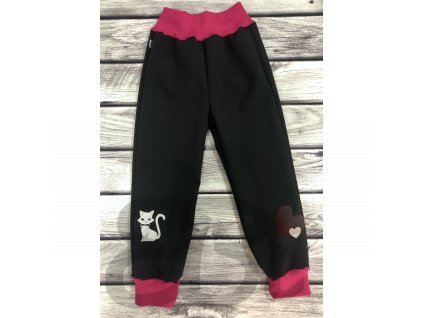 Zimní softshellové kalhoty - černé, kočka + srdce