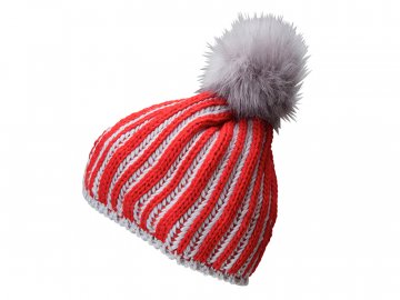 Pletená čepice s kontrastními pruhy a bambulí červená