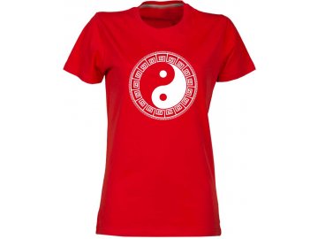 Dámské tričko s harmonizujícím potiskem JIN JANG jako dárek cervena