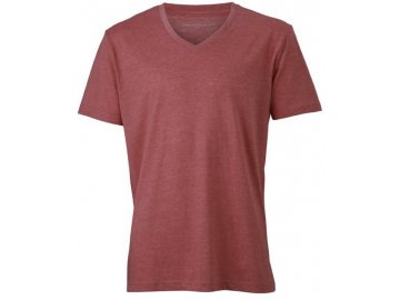 pánské módní tričko v barevném melíru s výstřihem do V červený melír