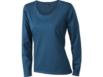 Lehce zúžené dámské triko s dlouhými rukávy a hlubokým výstřihem petrol