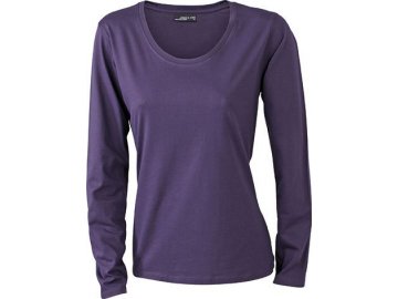 Lehce zúžené dámské triko s dlouhými rukávy a hlubokým výstřihem temně fialová