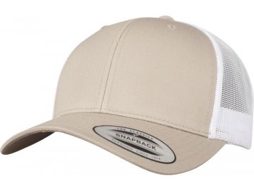 Kšiltovka 6 panelová Trucker Retro s oblým kšiltem khaki-bílá