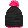 Pletená čepice s kontrastním pruhem a bambulí černá růžová