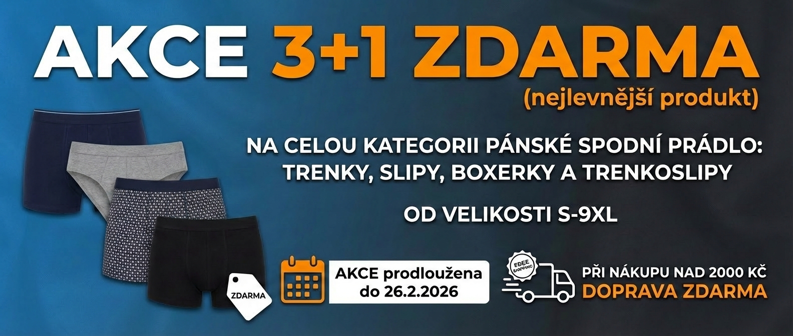 Akce 3+1 zdarma na pánské spodní prádlo (trenky, slipy, boxerky) ve velikostech S až 9XL. Platí od 15. do 26. 2. 2026. Doprava zdarma nad 2000 Kč.