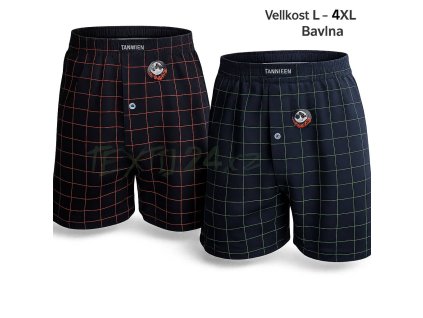 Pánské volné bavlněné trenýrky značky Tanwien s kostkovaným vzorem, velikost L až 4XL, barva tmavě modrá a černá.