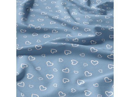 Dekorační bavlněná látka, metráž, Srdíčka Bílá na Modrém