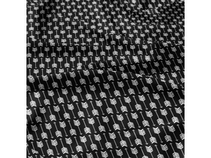 Dekorační bavlněná látka, metráž, Pírka Bílá na Černém