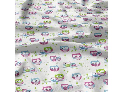 Bavlněné látky, metráž. Sovy Růžové na Bílém