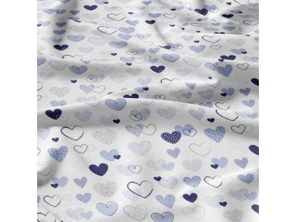 Dekorační bavlněná látka, metráž, Srdíčka Modrá na Bílém