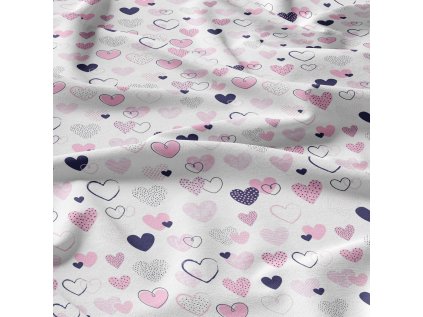 Dekorační bavlněná látka, metráž, Srdíčka Růžová na Bílém