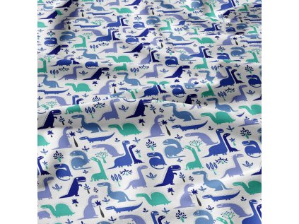 Bavlněná látka, metráž. Dinosaury Tyrkysové na Bílém