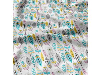 Dekorační bavlněná látka, metráž, Pírka Mentolová na Bílém