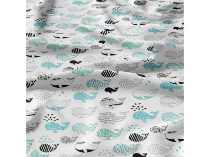 Dětská bavlněná látka metráž Velryba Tyrkysová