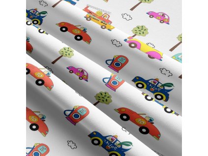 Dětská bavlněná látka metráž Autičká mix na Bílém