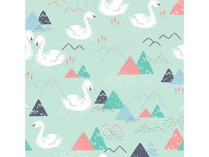 29852 2 bavlnene latky metraz labute na mentolovem