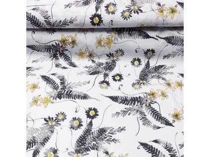 Bavlněná látka Kytičky Šedé a Žluté na Bílém