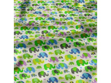 Bavlněné látky, metráž. Sloni Zelené na Béžovém