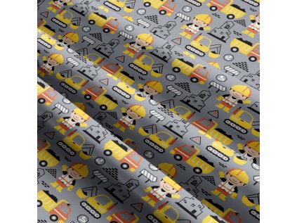 Dětská bavlněná látka metráž Stavební stroje Šedo-Žluté na Bílém