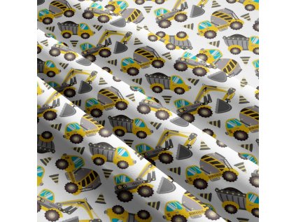 Dětská bavlněná látka metráž Stavební stroje Šedé na Bílém