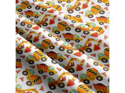 Dětská bavlněná látka metráž Stavební stroje Žluté na Bílém