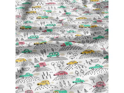 Dětská bavlněná látka metráž Autička na Mentolovém