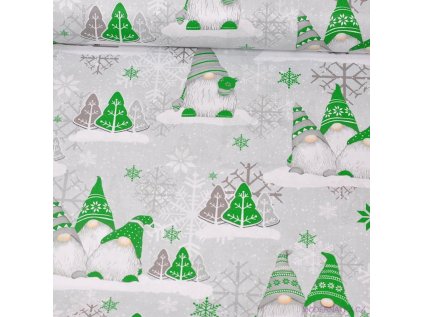 Vánoční bavlněná látka, metráž, šíře 160 cm, Skřítci Zelené na Šedém