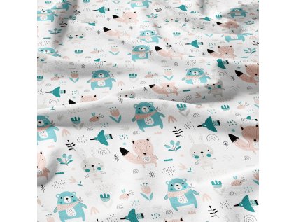 Bavlněné látky, metráž. Zvířátka Tyrkysové na Bílém