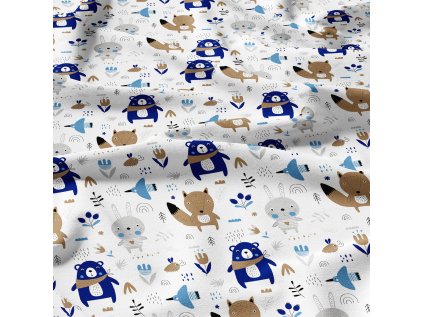 Bavlněné látky, metráž. Zvířátka Modrá na Bílém