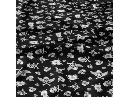 Bavlněná látka Lebky Bílé na Černém