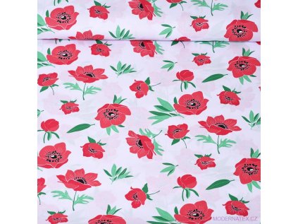 Bavlněná látka Divoký mák Zelený na Bílém