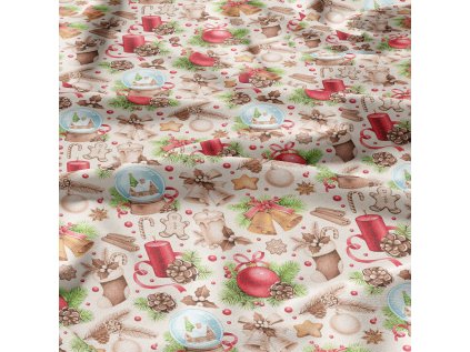 Vánoční bavlněná látka, metráž, šíře 160 cm, Vánoční ozdoby na Sv.Béžovém