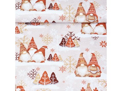Vánoční bavlněná látka, metráž, šíře 160 cm, Skřítci Hnědé na Šedém