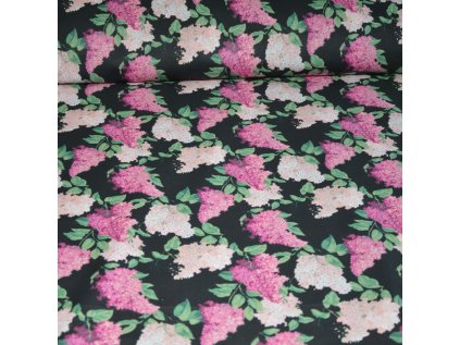 Bavlněná látka Větve šeříku Růžové na Černém