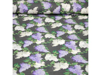 Bavlněná látka Větve šeříku Bílé a Fialové na Šedém