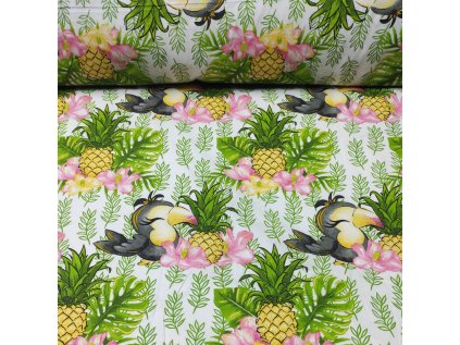 Bavlněná látka, metráž. Papoušek a ananas na Bílém