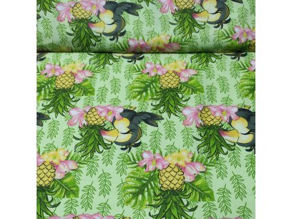 Bavlněná látka, metráž. Papoušek a ananas na Zeleném