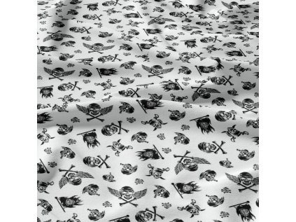 Bavlněná látka Lebky Černé na Bílém