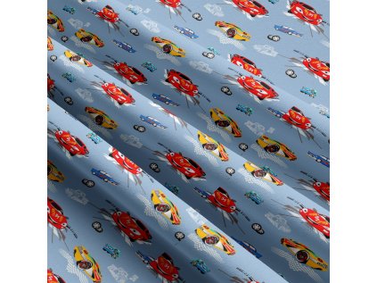 Dětská bavlněná látka metráž Auto sport na Modrém
